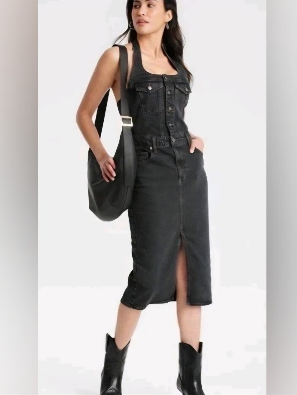 Black denim halter midi dress with a front slit